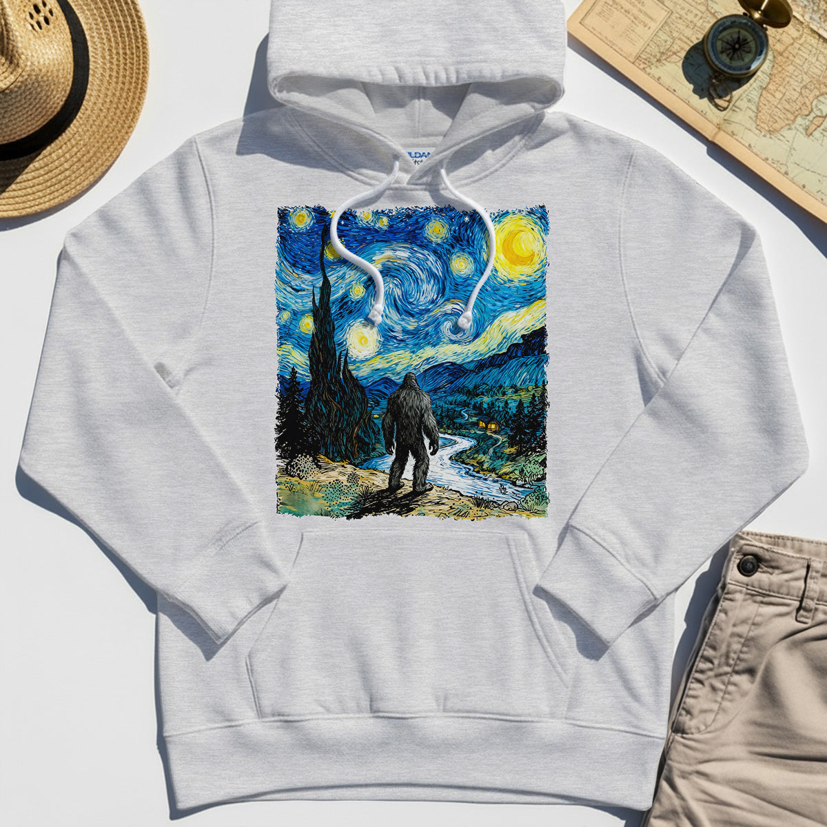 Funny Sasquatch Van Gogh Parody Hoodie, Bigfoot Starry Night Hoodie 4