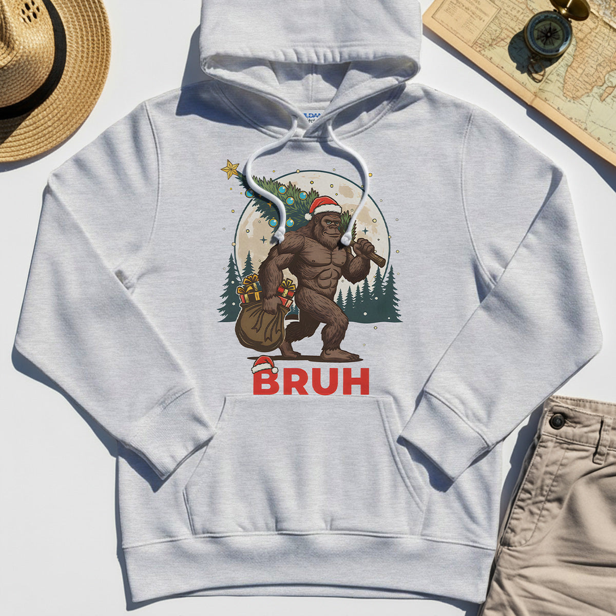 Bigfoot Christmas "BRUH" Hoodie, Retro Santa Hat Sasquatch Carrying Christmas Tree Hoodie 5