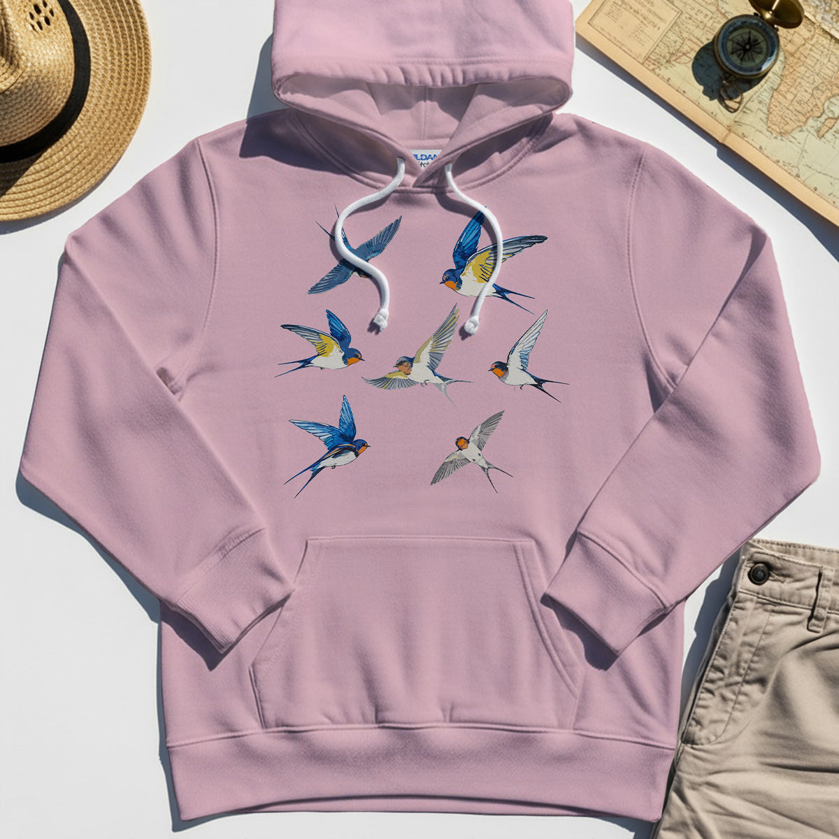 Elegant Flying Swallows Hoodie , Minimalist Wildlife Camping Graphic Hoodies Gift For Nature Campers 3