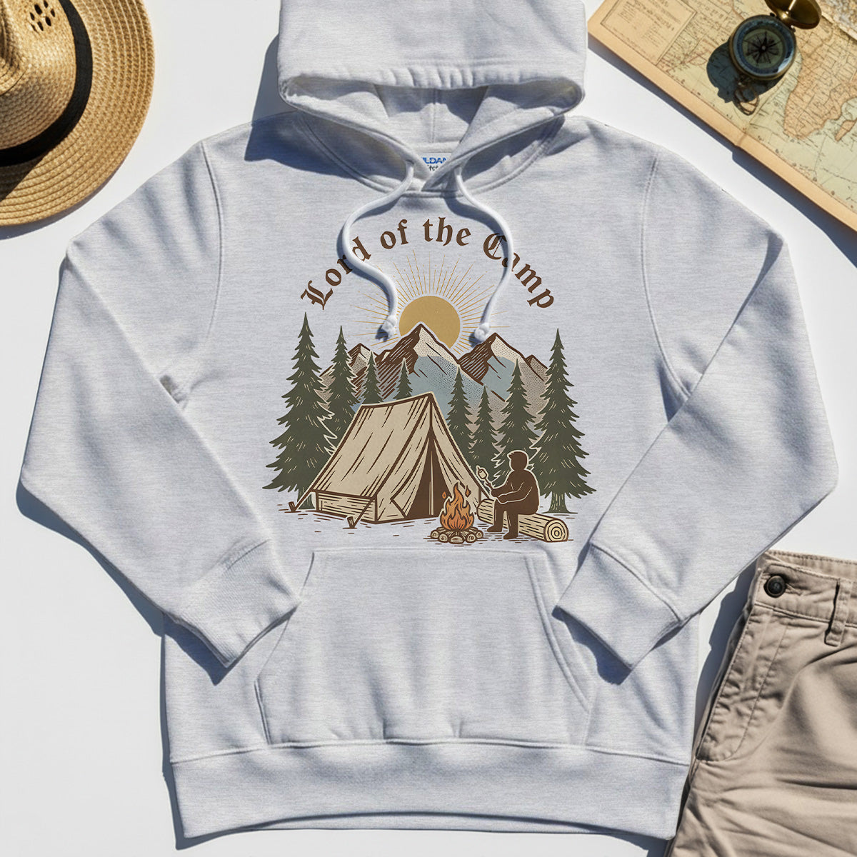 Vintage Lord of the Camp Campfire Hoodie, Tent And Campfire Mountain Scene Hoodie 4