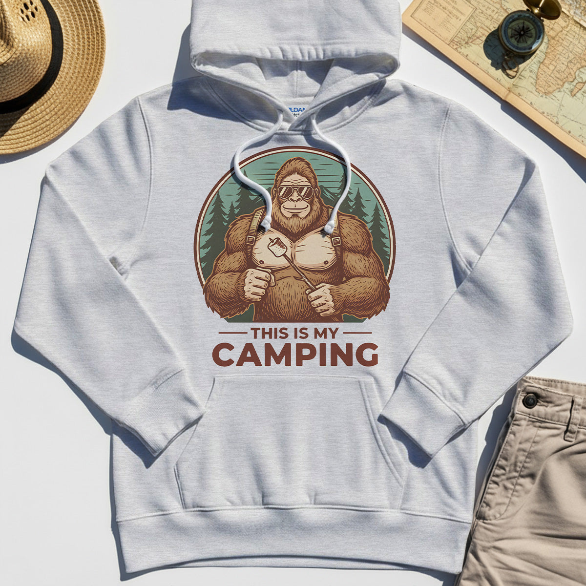 Funny Bigfoot Camping Hoodie "This Is My Camping”, Sasquatch With Marshmallow Hoodie 4