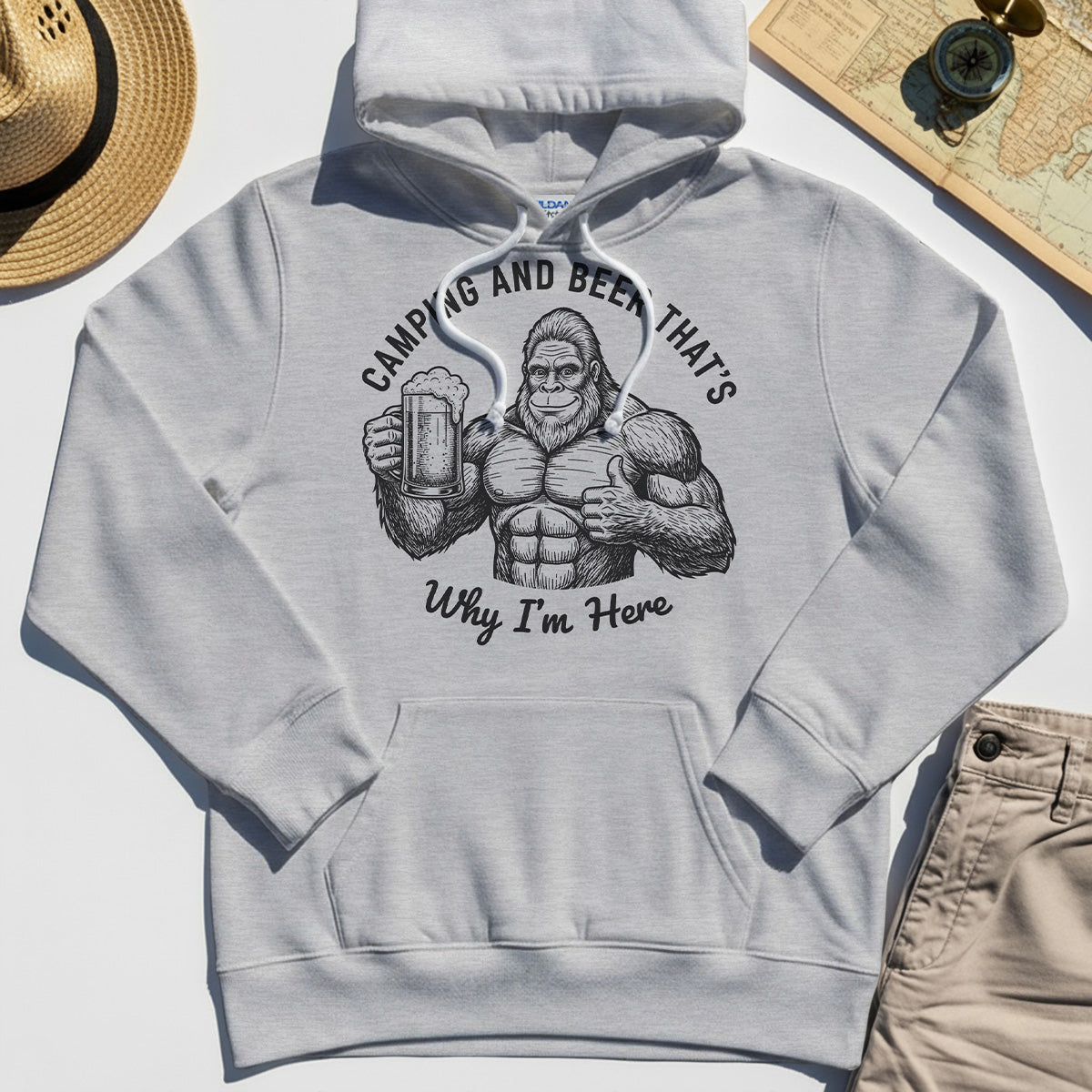 "Camping and Beer That’s Why I’m Here" Funny Bigfoot Camping Hoodie 4