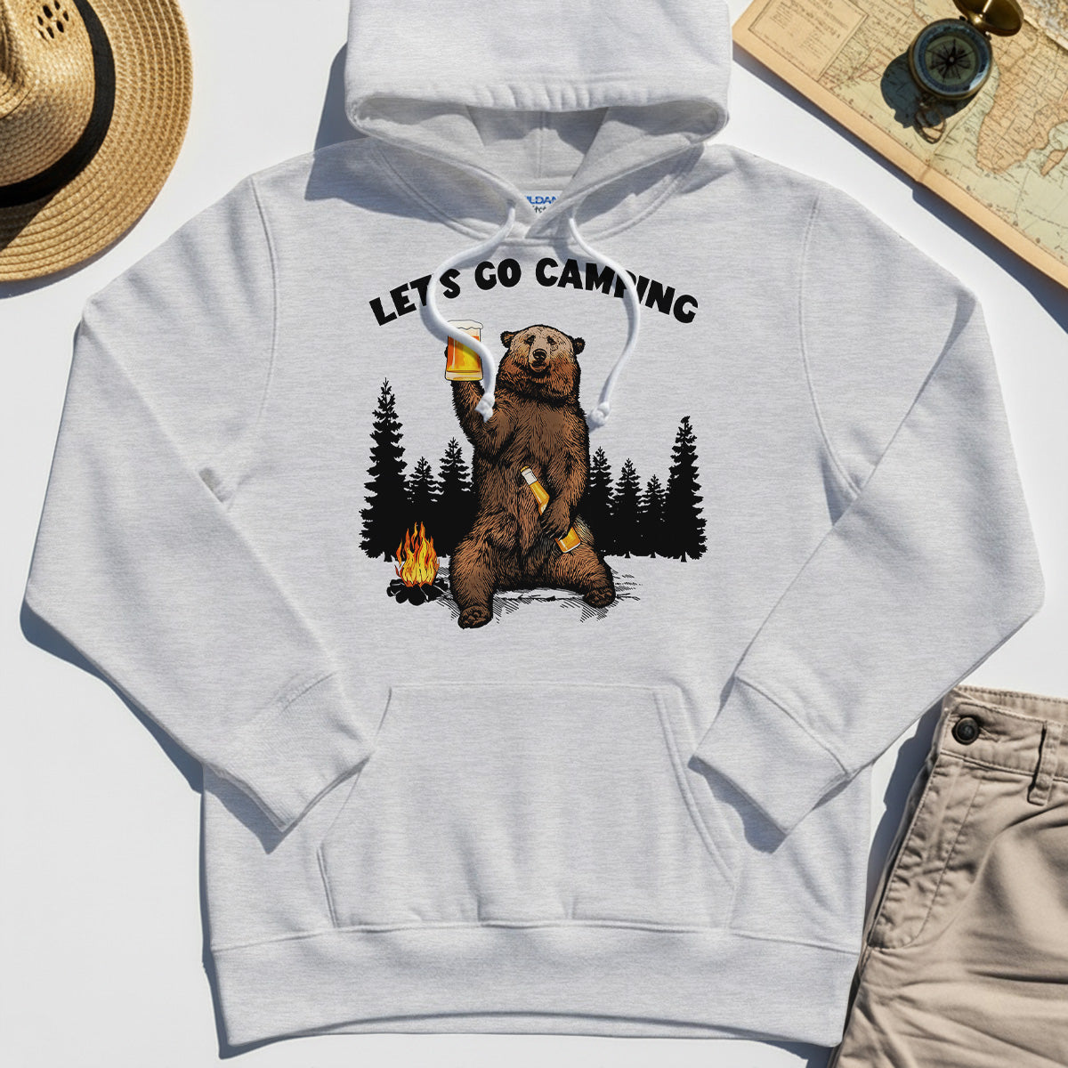 Let’s Go Camping Hoodie, Funny Beer Drinking Bear Graphic Hoodies For Outdoor & Camping Lovers 5