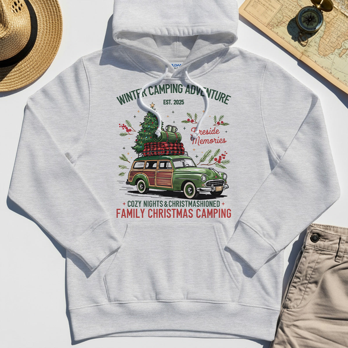 Winter Camping Adventure Hoodie, Retro Car with Tree Family Christmas Camping Hoodies 5