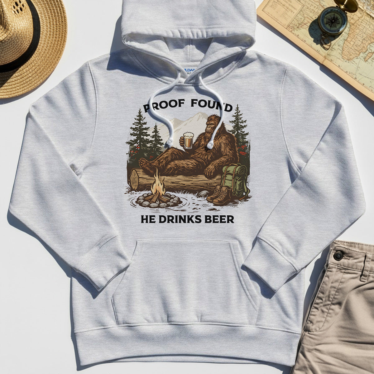Funny Bigfoot "Proof Found He Drinks Beer" Camping Hoodie, Sasquatch Beer Lover Hoodies For Campers 5