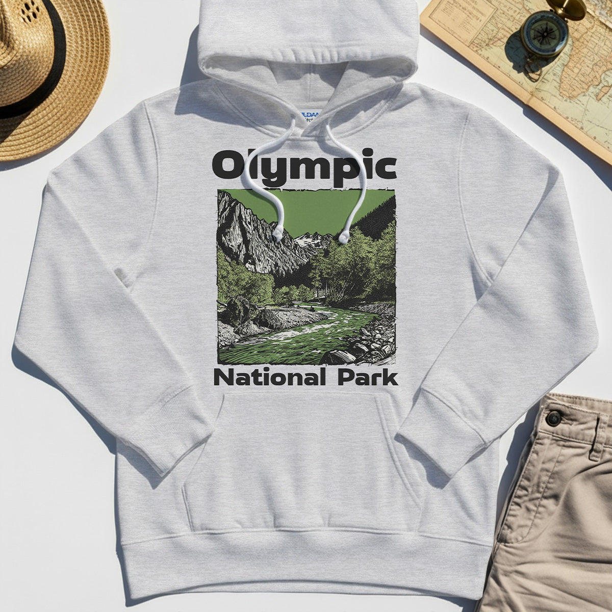 Olympic National Park Hoodie, Vintage Mountain River Scene Hoodies For Outdoor Adventure Campers 5