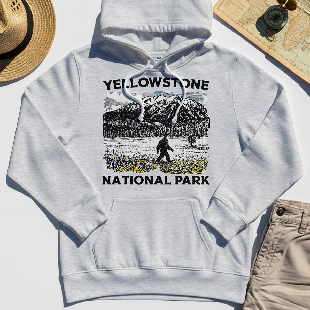 Yellowstone National Park Hoodie, Bigfoot Hiking Graphic 1