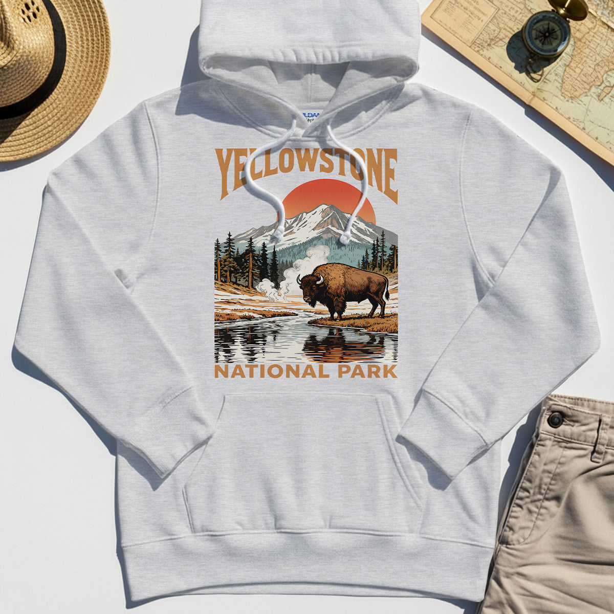 Yellowstone National Park Hoodie, Vintage Bison Sunset Mountain Hoodie For Campers 4