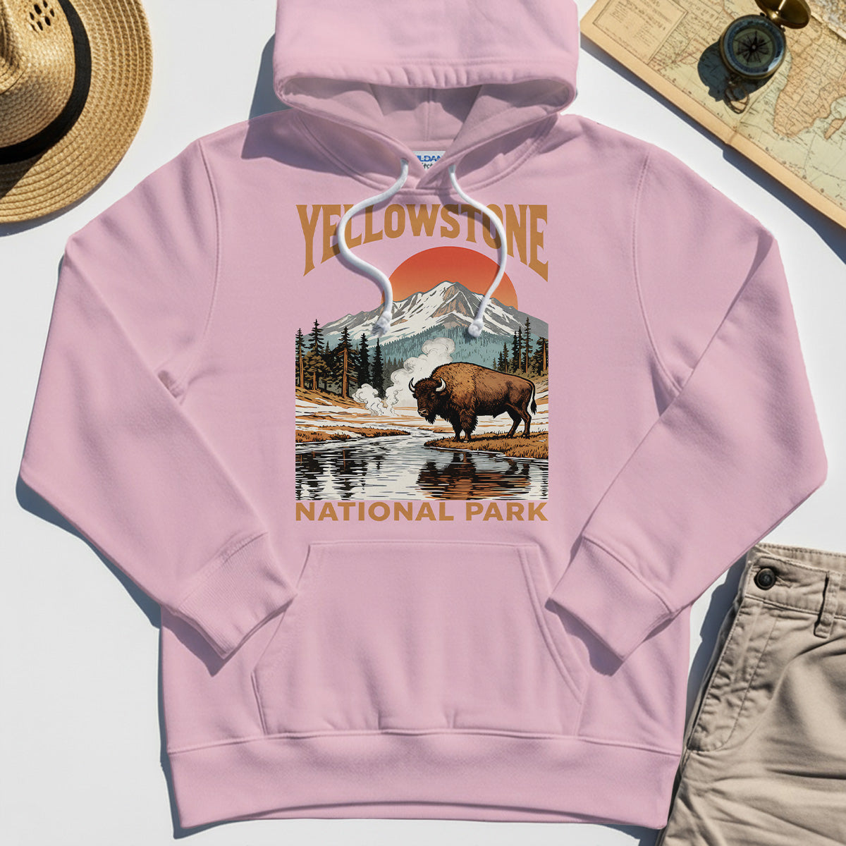 Yellowstone National Park Hoodie, Vintage Bison Sunset Mountain Hoodie For Campers 5