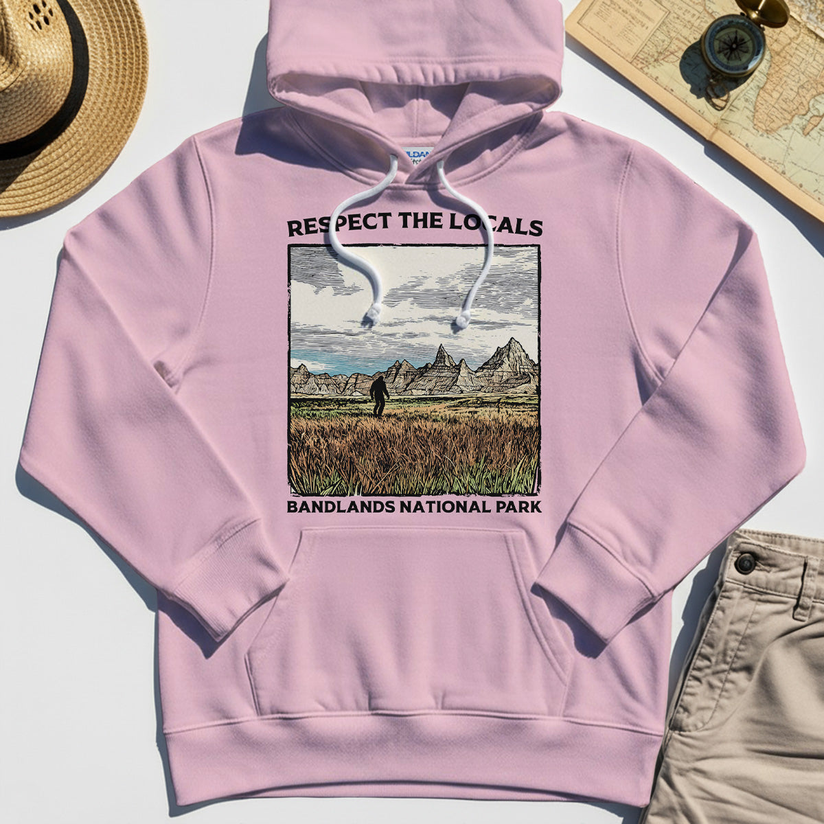Sasquatch Respect The Locals Hoodies, Bigfoot Hiking Through Badlands National Park Hoodie 5