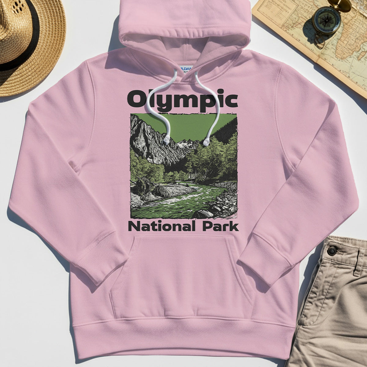 Olympic National Park Hoodie, Vintage Mountain River Scene Hoodies For Outdoor Adventure Campers 1