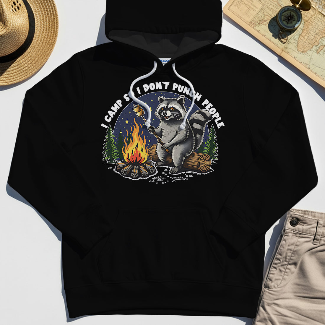 I Camp So I Don’t Punch People Hoodie, Funny Raccoon Marshmallow Campfire Hoodies 1