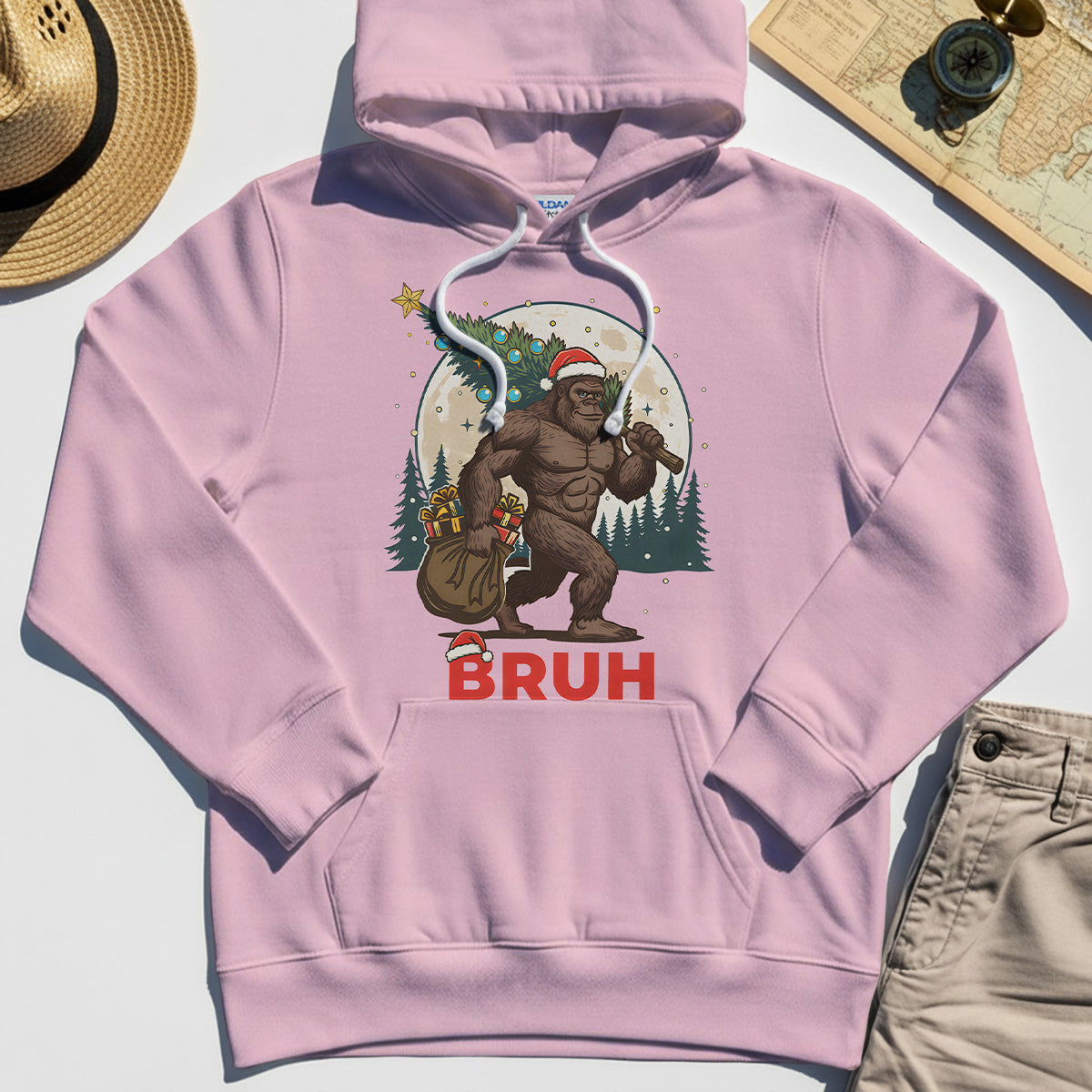 Bigfoot Christmas "BRUH" Hoodie, Retro Santa Hat Sasquatch Carrying Christmas Tree Hoodie 6