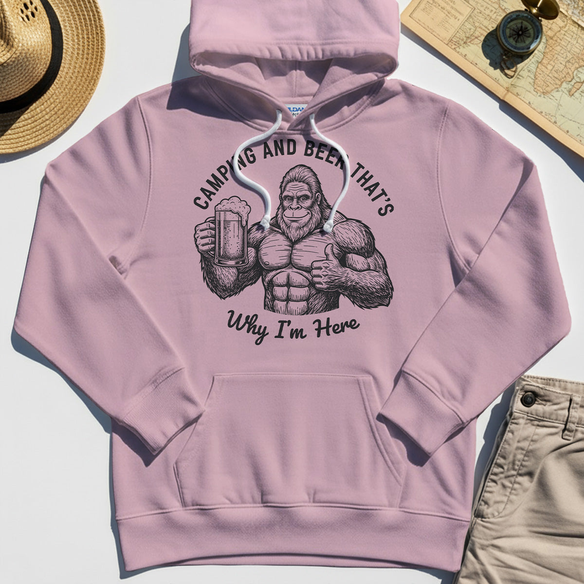 "Camping and Beer That’s Why I’m Here" Funny Bigfoot Camping Hoodie 5