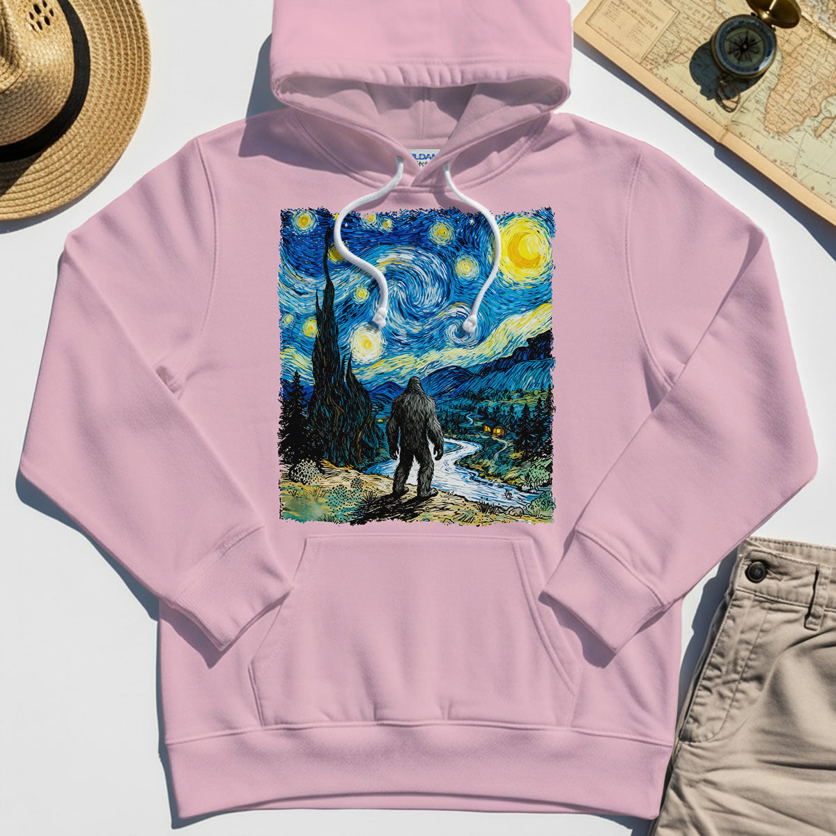 Funny Sasquatch Van Gogh Parody Hoodie, Bigfoot Starry Night Hoodie 5