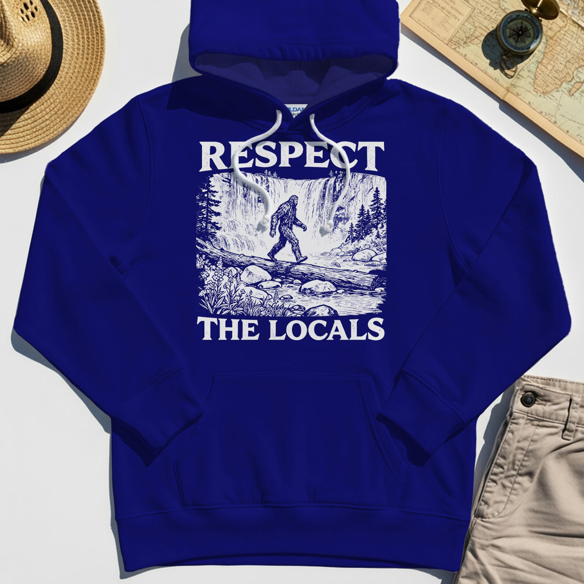 Bigfoot Respect The Locals Hoodie, Vintage Waterfall Hiking Graphic Hoodie For Camper And Adventurers 1