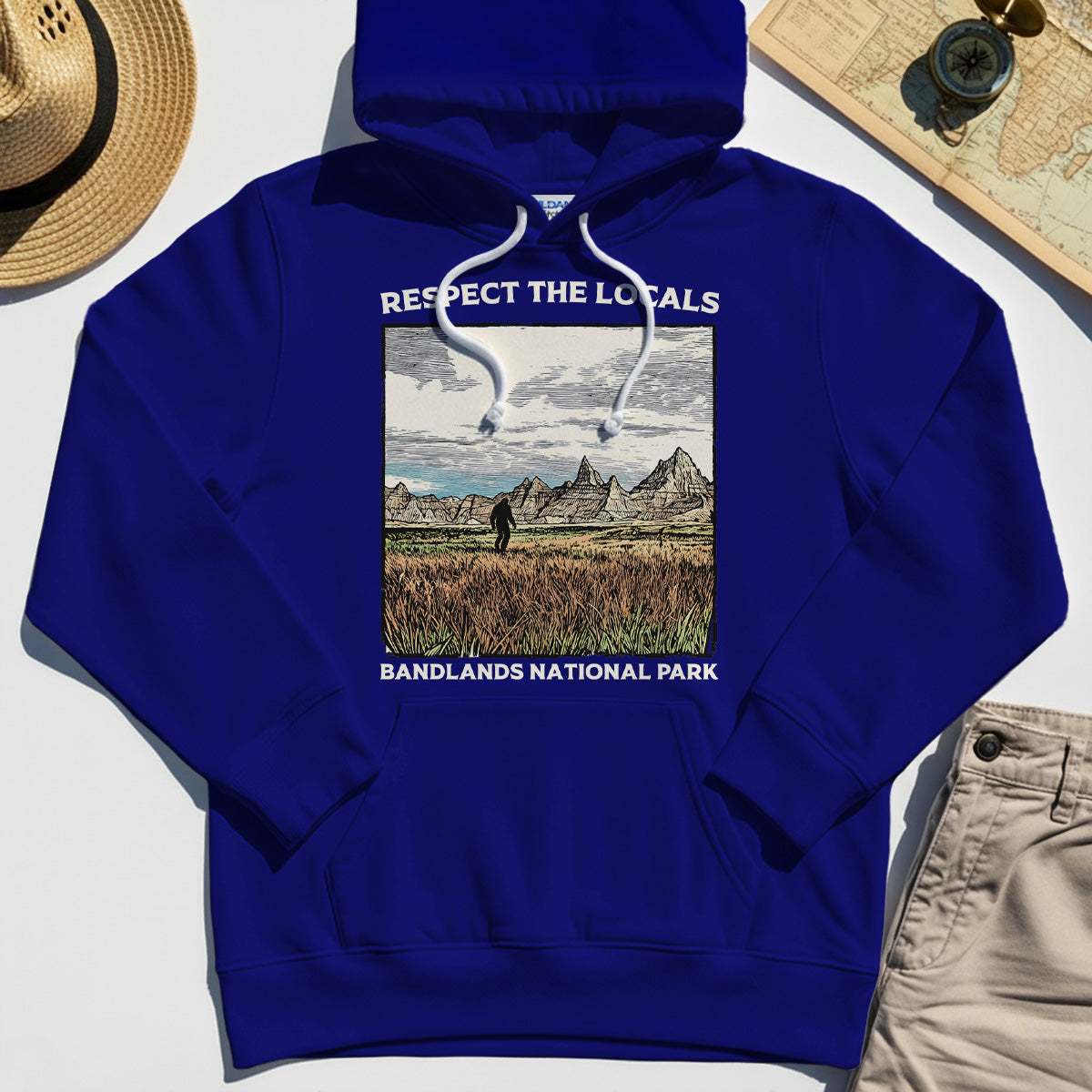 Sasquatch Respect The Locals Hoodies, Bigfoot Hiking Through Badlands National Park Hoodie 6