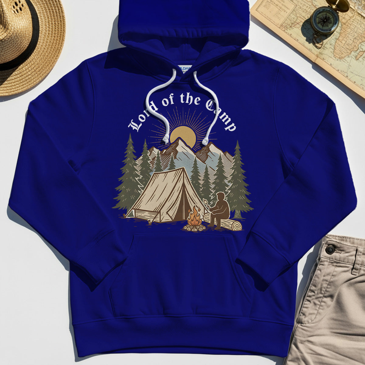 Vintage Lord of the Camp Campfire Hoodie, Tent And Campfire Mountain Scene Hoodie 6