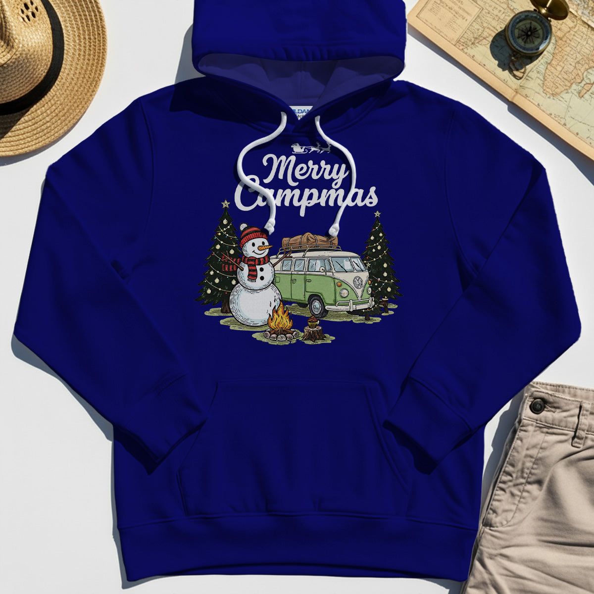 Funny Merry Christmas Camping Hoodie, Retro Camper Van Snowman Campfire Hoodies For Outdoor Lovers 3