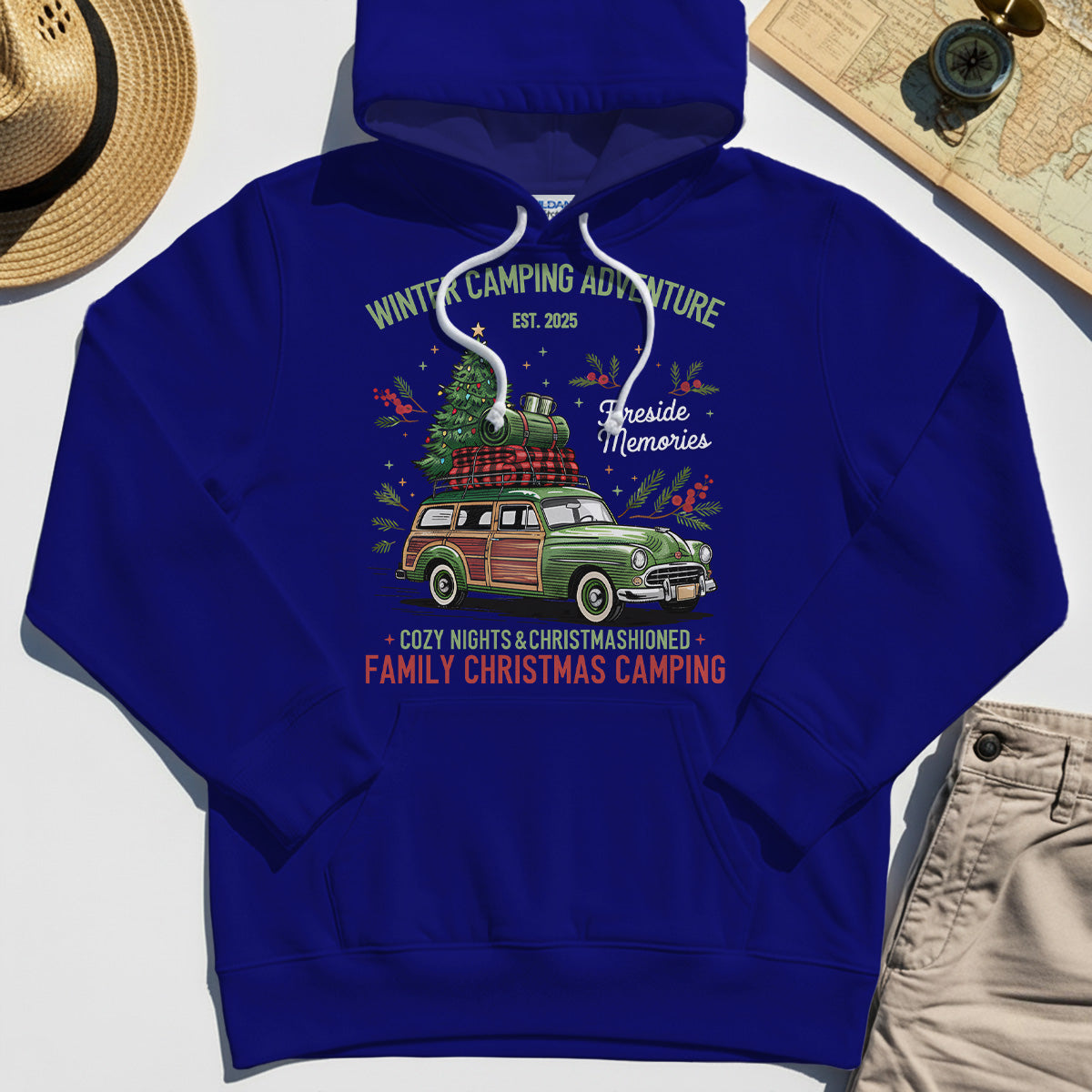 Winter Camping Adventure Hoodie, Retro Car with Tree Family Christmas Camping Hoodies 7