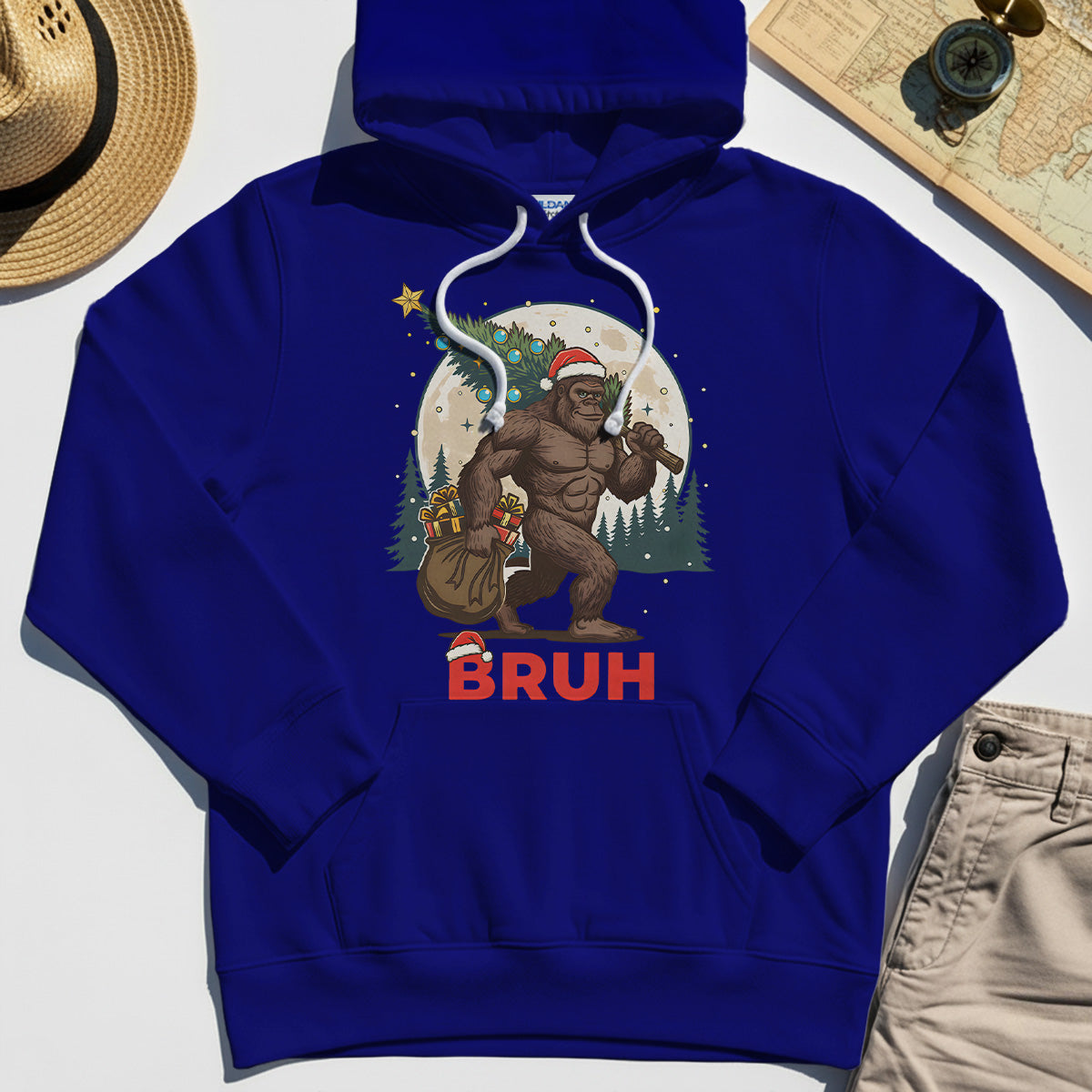 Bigfoot Christmas "BRUH" Hoodie, Retro Santa Hat Sasquatch Carrying Christmas Tree Hoodie 7
