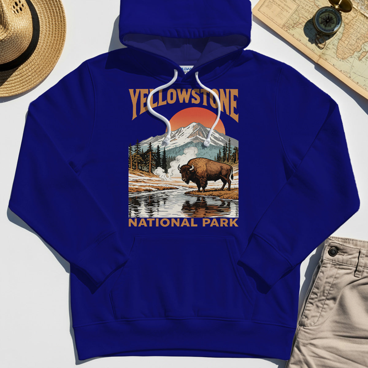 Yellowstone National Park Hoodie, Vintage Bison Sunset Mountain Hoodie For Campers 6