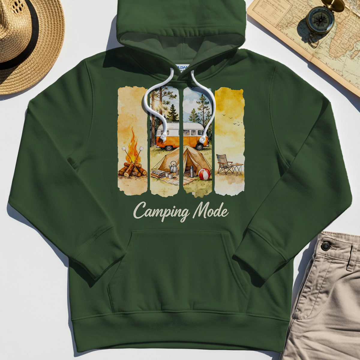 Van Life and Campfire Hoodies, Watercolor Campfire and Tent Graphic Hoodie For Outdoor Lovers 4