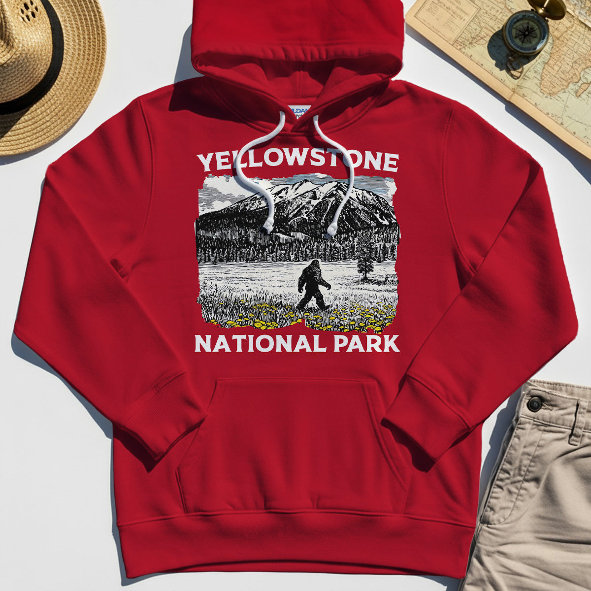 Yellowstone National Park Hoodie, Bigfoot Hiking Graphic 7