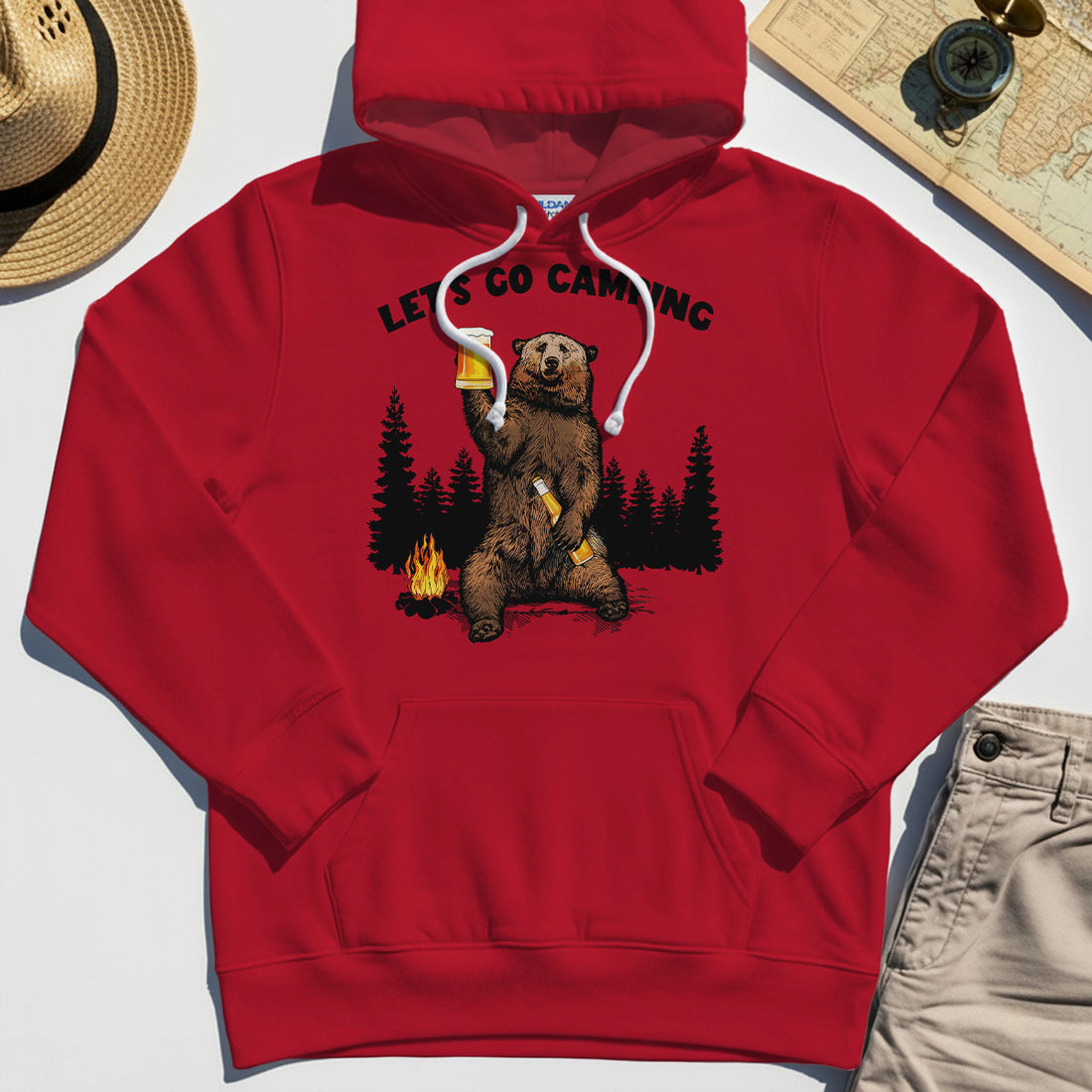 Let’s Go Camping Hoodie, Funny Beer Drinking Bear Graphic Hoodies For Outdoor & Camping Lovers 1
