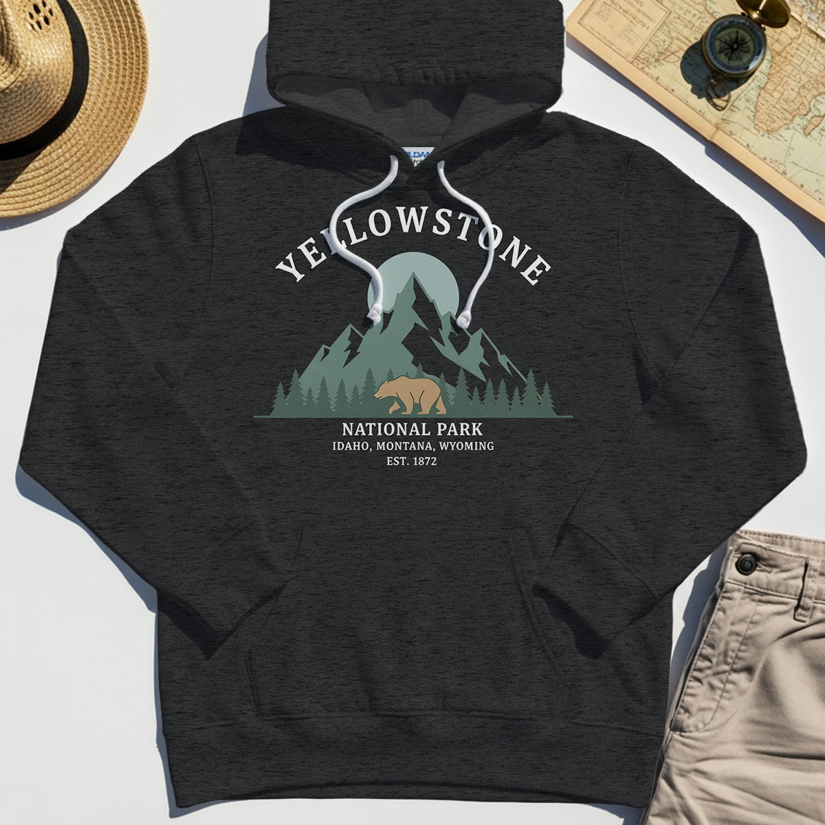 Yellowstone National Park Hoodie, Bear & Pines Mountain Graphic Hoodies 4