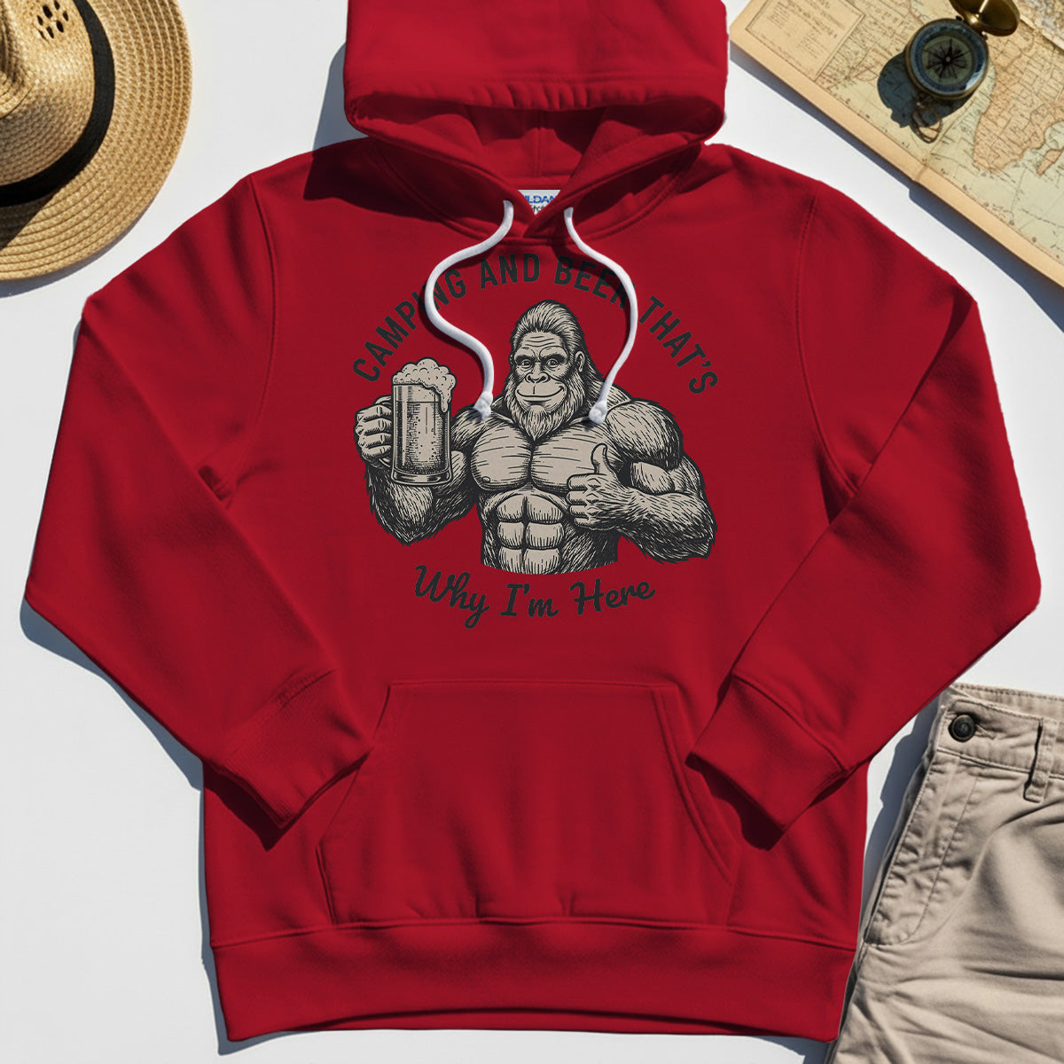 "Camping and Beer That’s Why I’m Here" Funny Bigfoot Camping Hoodie 7