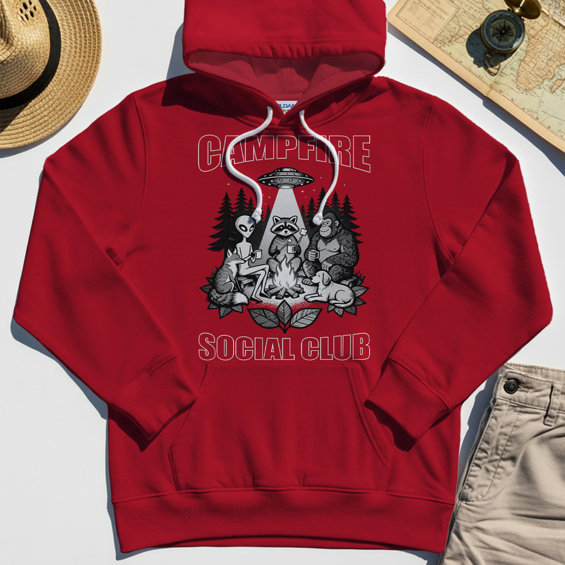 Campfire Social Club With Alien, Bigfoot, UFO And Raccoon Hoodie 1
