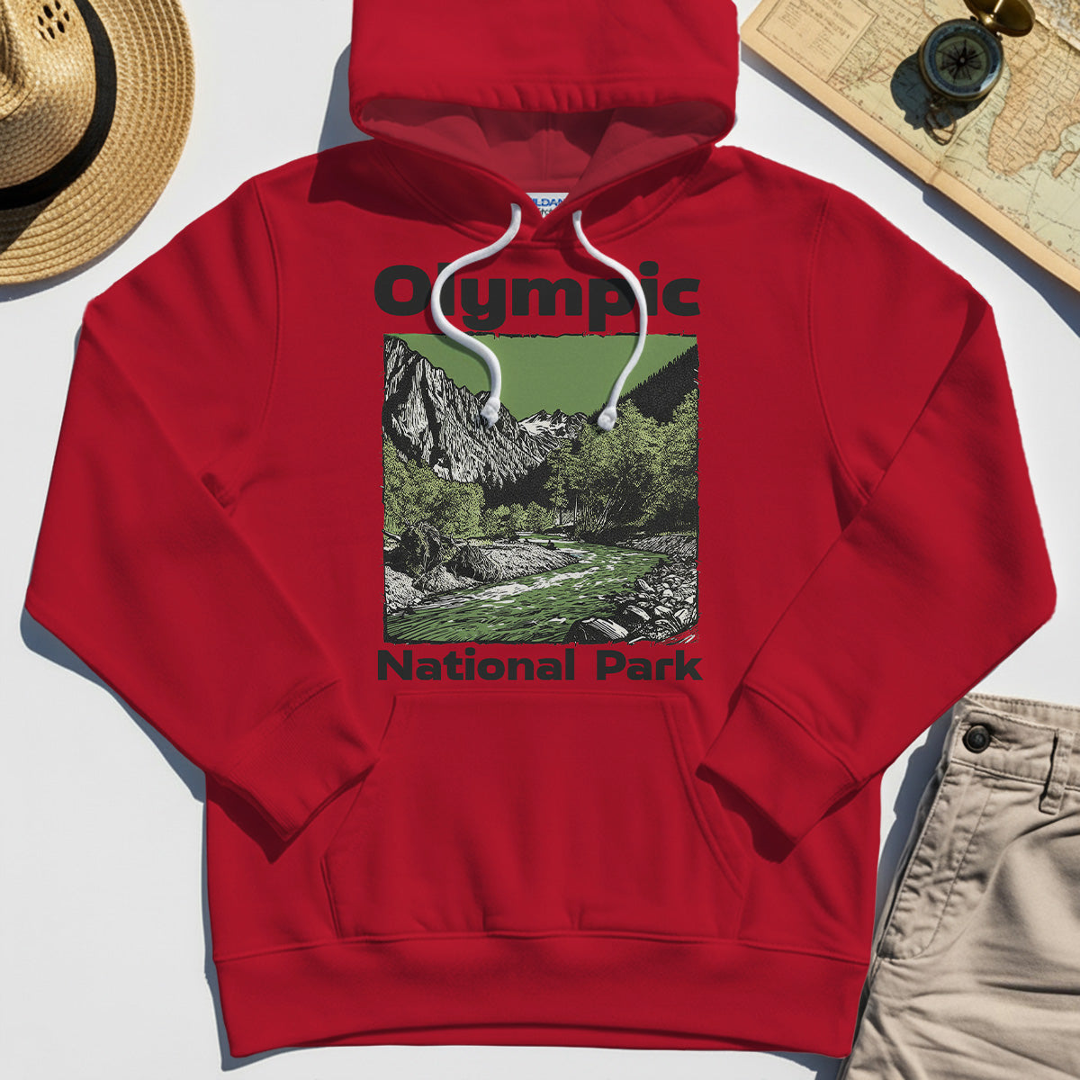 Olympic National Park Hoodie, Vintage Mountain River Scene Hoodies For Outdoor Adventure Campers 7