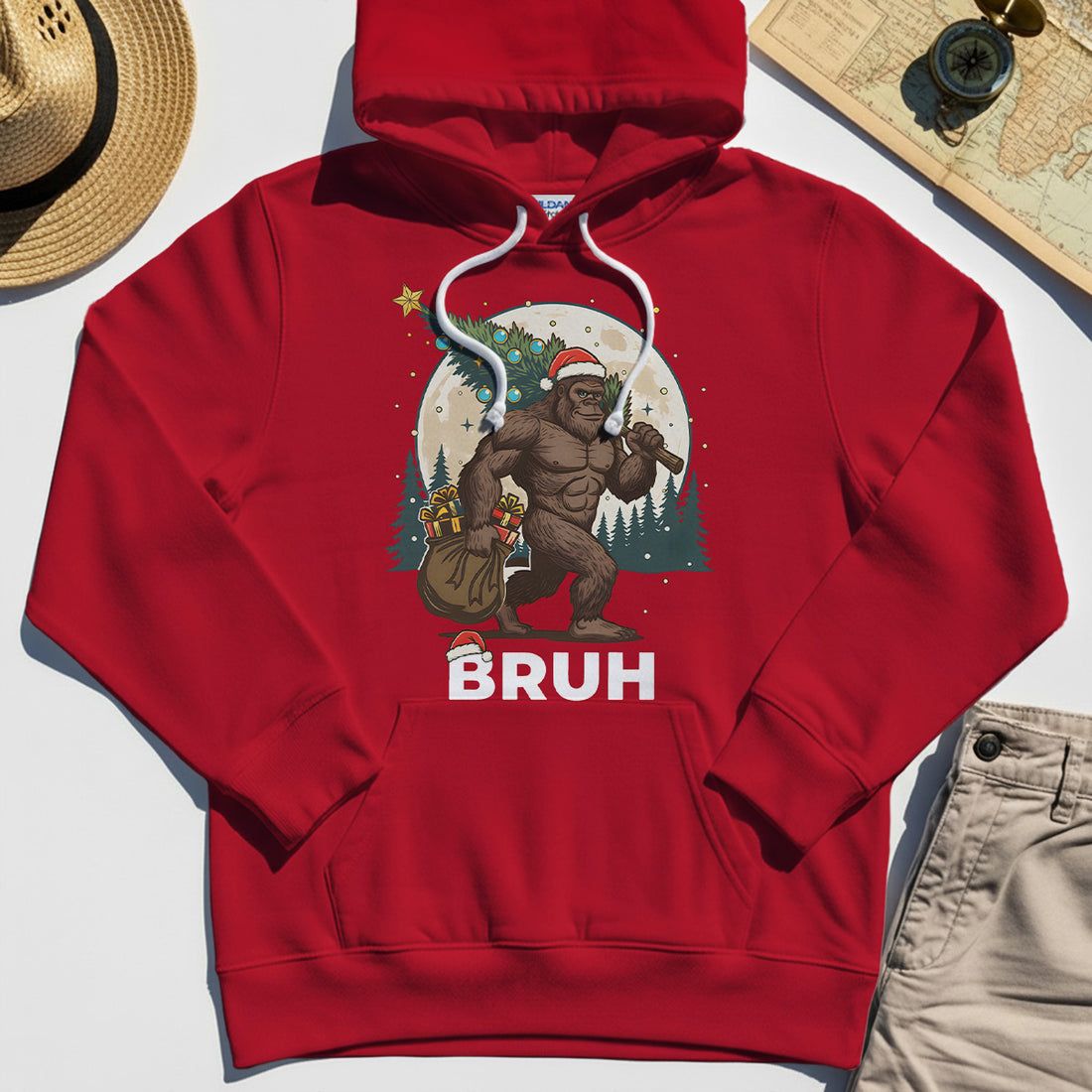 Bigfoot Christmas "BRUH" Hoodie, Retro Santa Hat Sasquatch Carrying Christmas Tree Hoodie 1