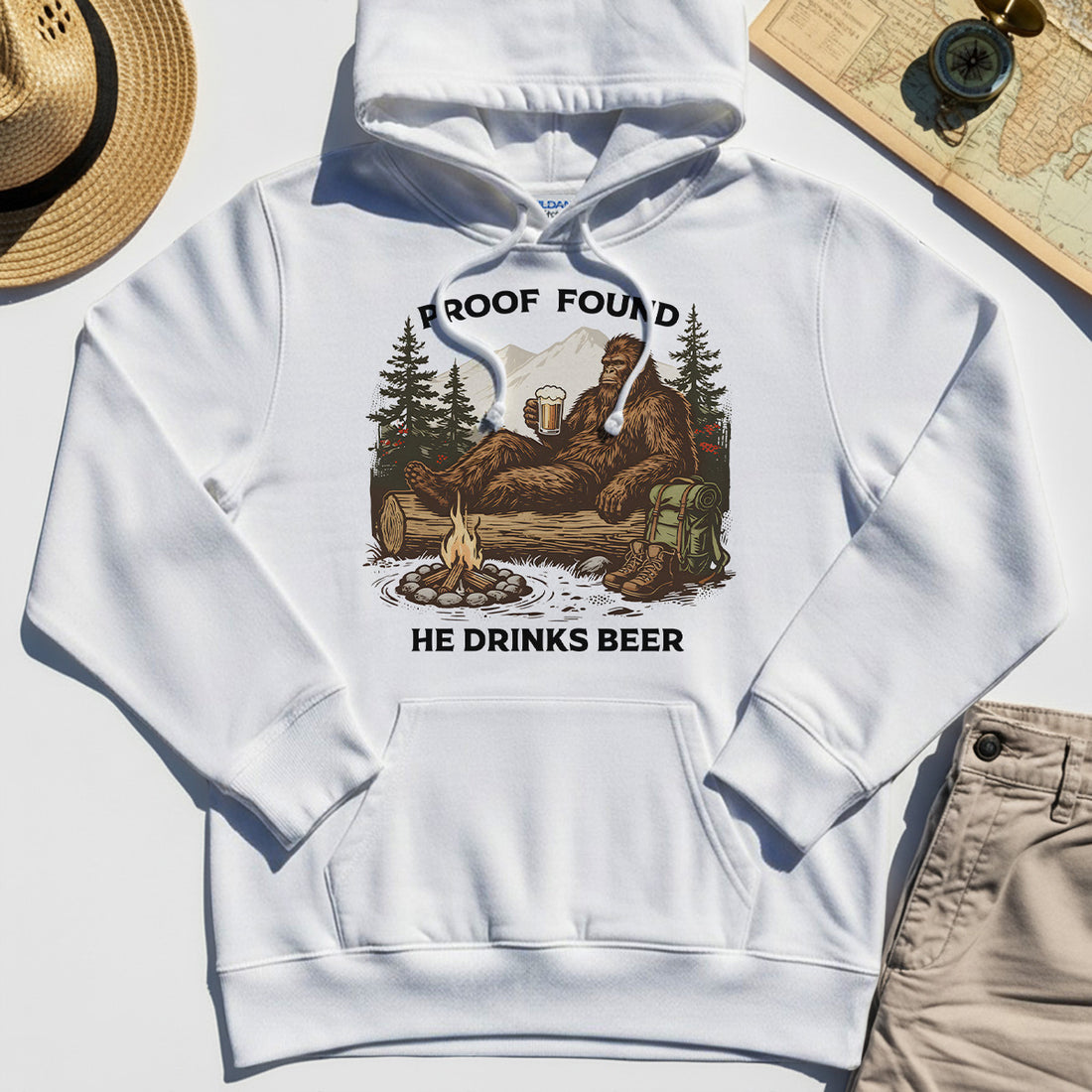 Funny Bigfoot "Proof Found He Drinks Beer" Camping Hoodie, Sasquatch Beer Lover Hoodies For Campers 1