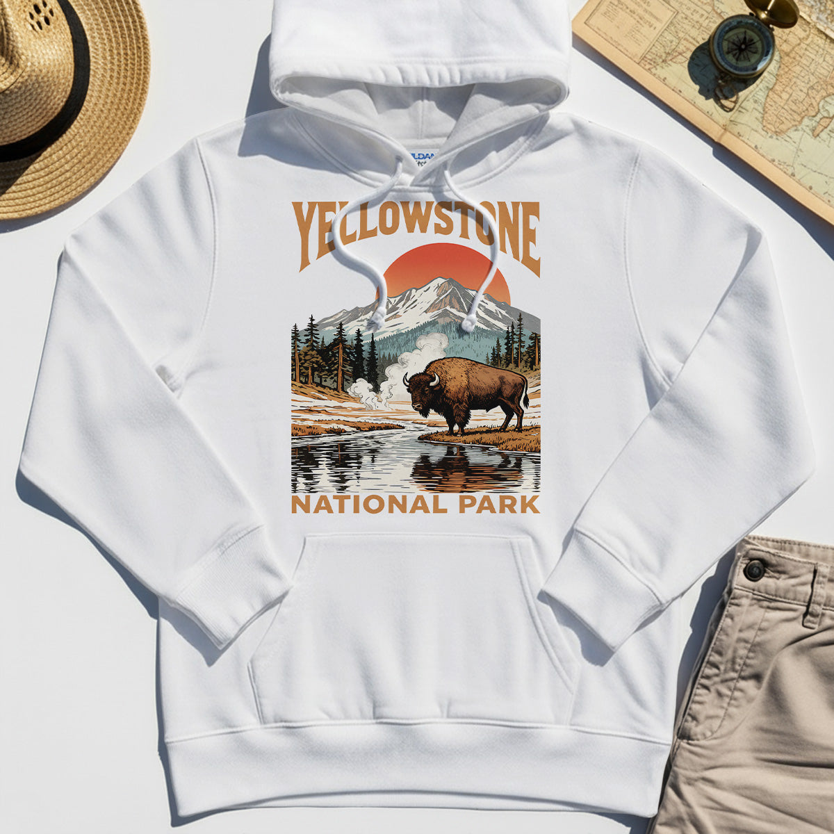 Yellowstone National Park Hoodie, Vintage Bison Sunset Mountain Hoodie For Campers 8