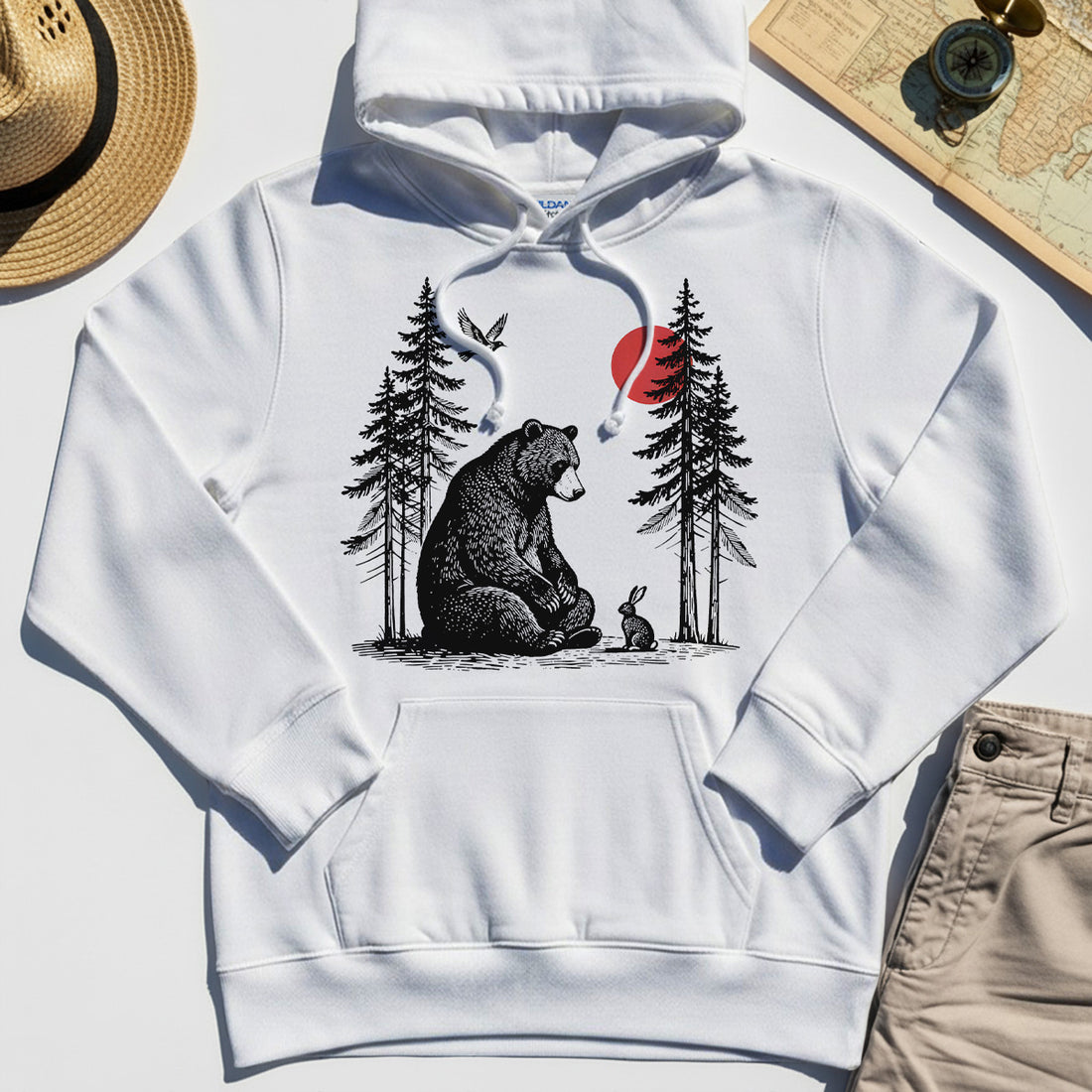 Bear and Bunny Under Red Sun Hoodie, Vintage Forest Nature Graphic Hoodie, Wildlife Art HoodieFor Outdoor Lovers 1
