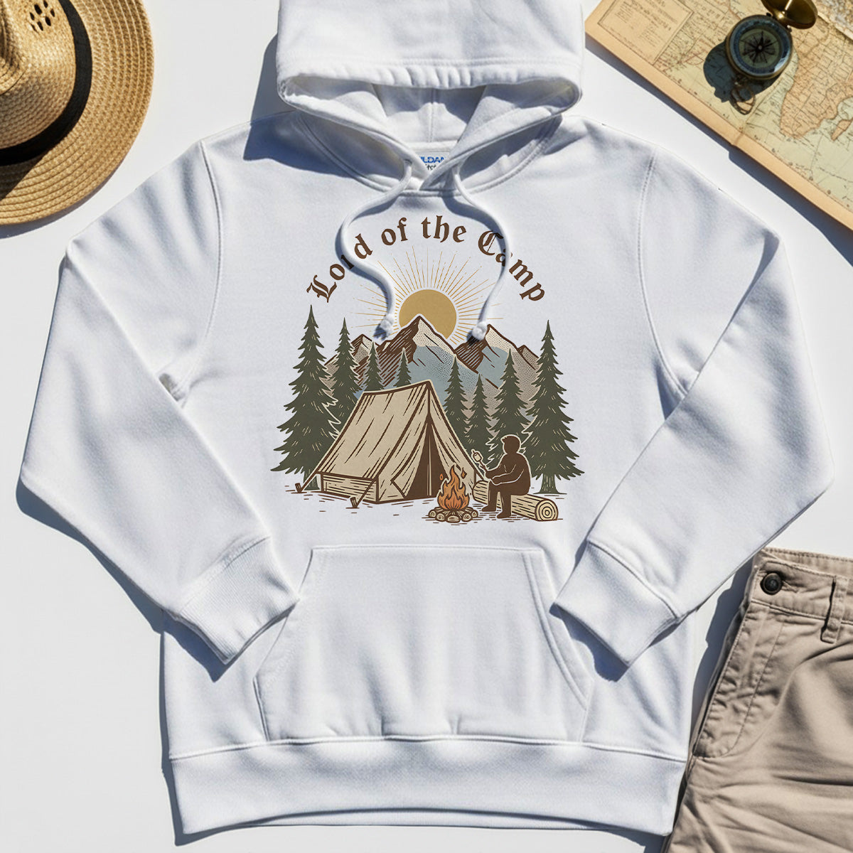 Vintage Lord of the Camp Campfire Hoodie, Tent And Campfire Mountain Scene Hoodie 8
