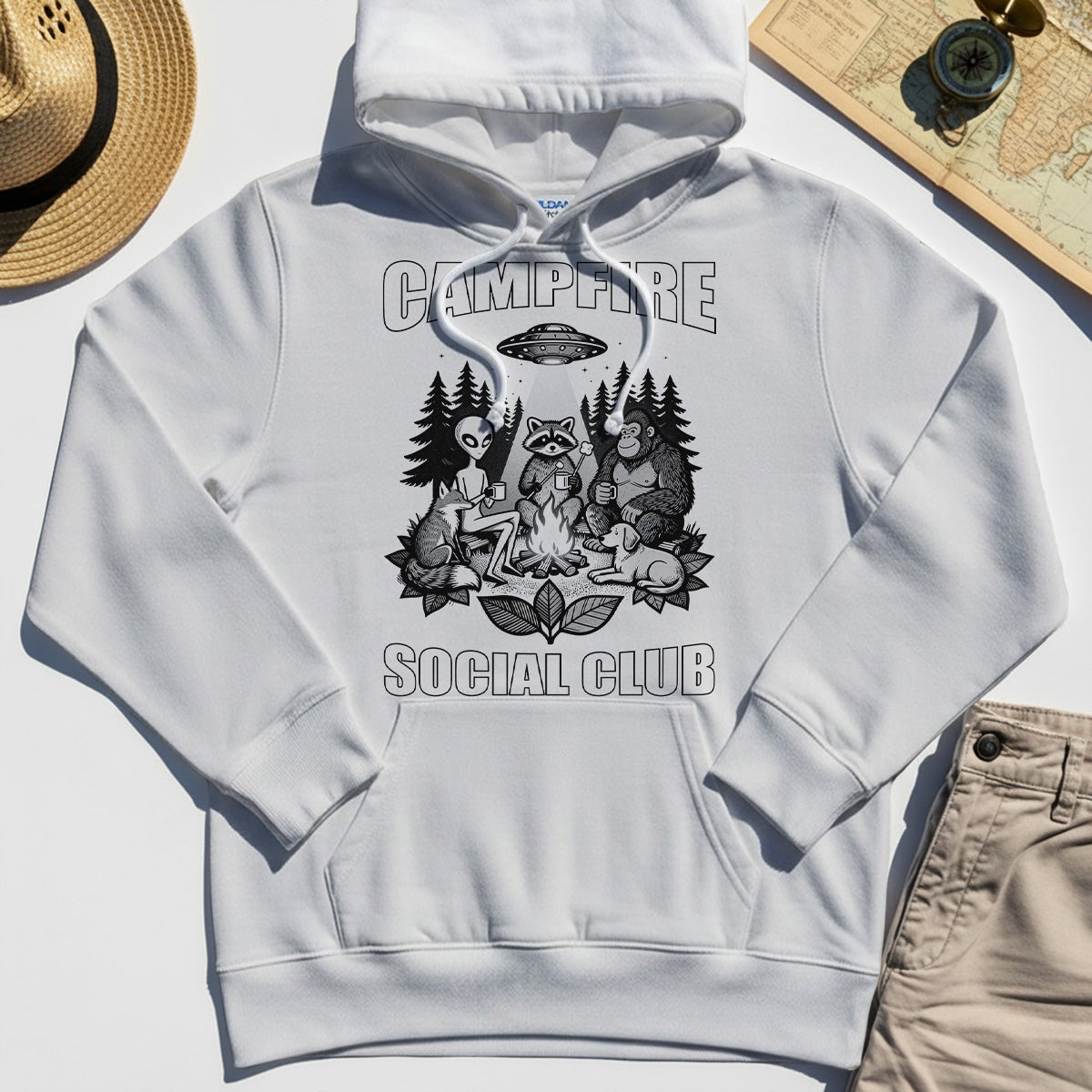 Campfire Social Club With Alien, Bigfoot, UFO And Raccoon Hoodie 8