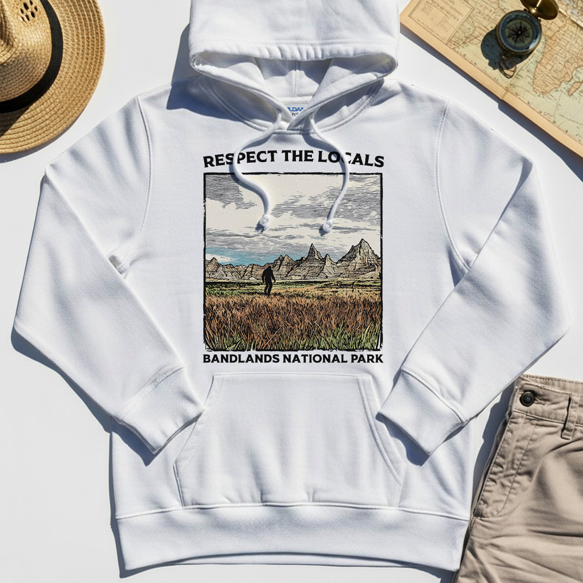 Sasquatch Respect The Locals Hoodies, Bigfoot Hiking Through Badlands National Park Hoodie 8