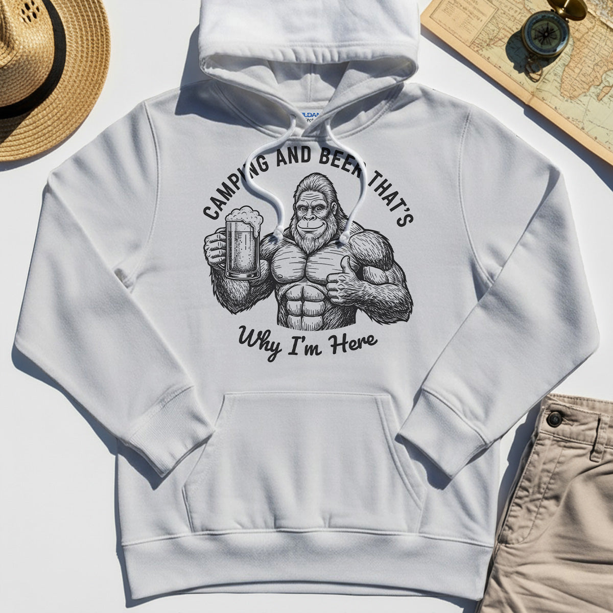 "Camping and Beer That’s Why I’m Here" Funny Bigfoot Camping Hoodie 8