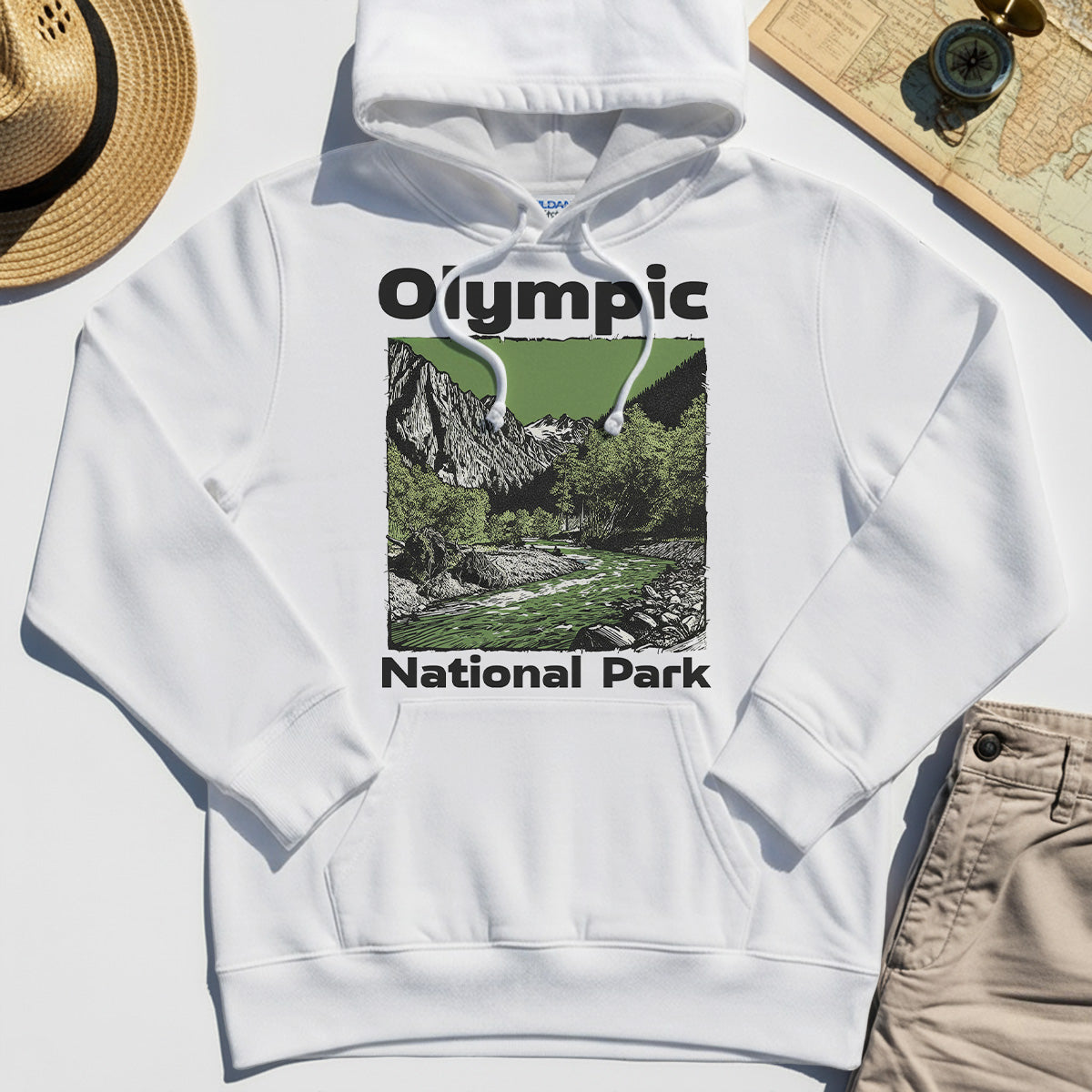 Olympic National Park Hoodie, Vintage Mountain River Scene Hoodies For Outdoor Adventure Campers 8