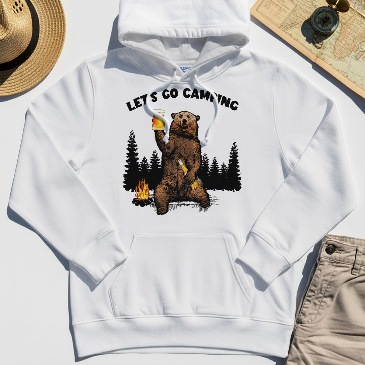 Let’s Go Camping Hoodie, Funny Beer Drinking Bear Graphic Hoodies For Outdoor & Camping Lovers 8