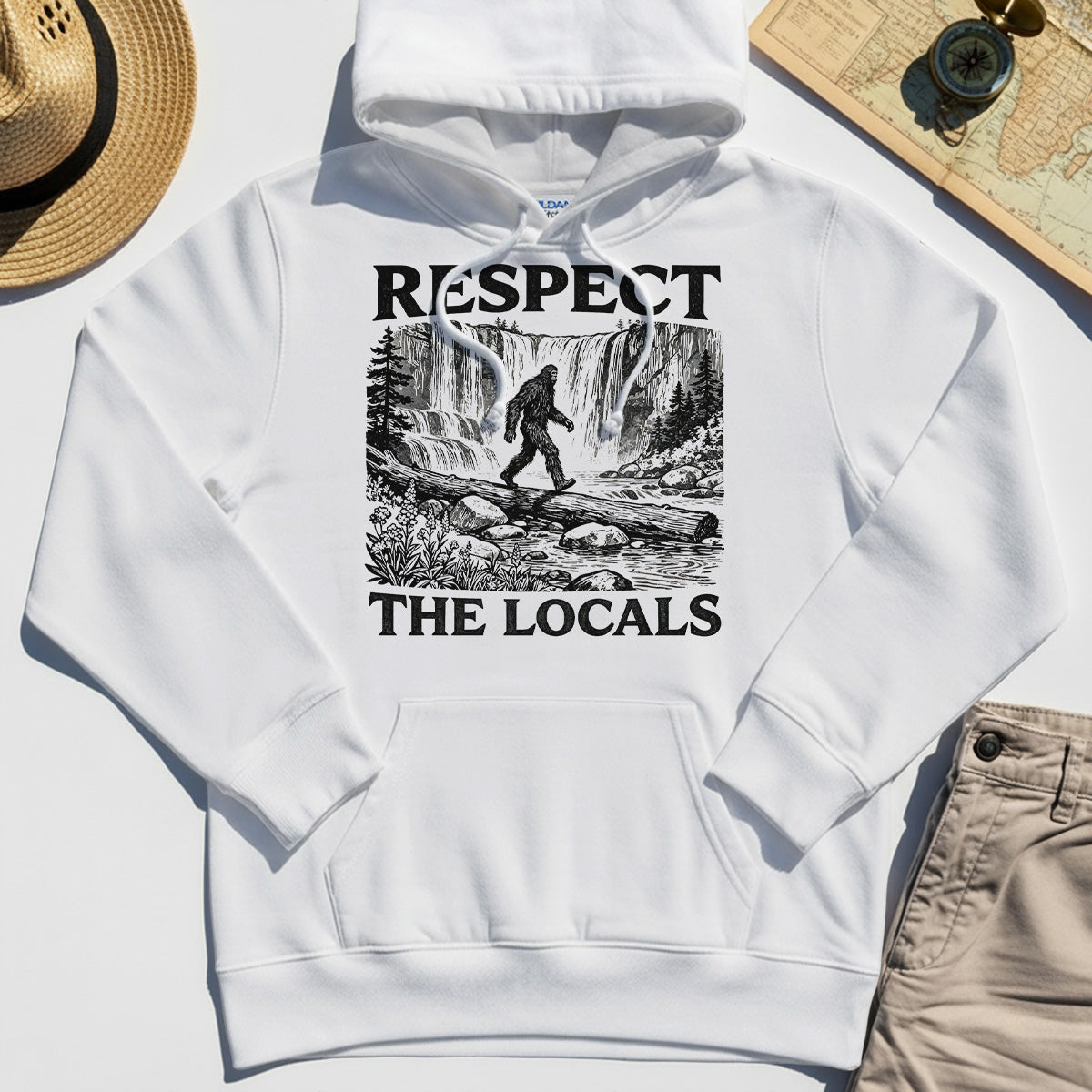 Bigfoot Respect The Locals Hoodie, Vintage Waterfall Hiking Graphic Hoodie For Camper And Adventurers 8
