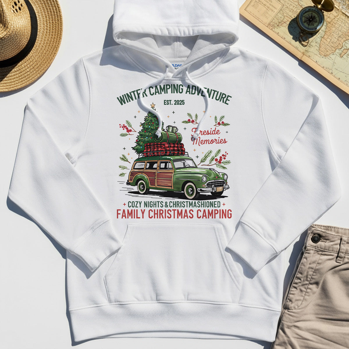 Winter Camping Adventure Hoodie, Retro Car with Tree Family Christmas Camping Hoodies 1