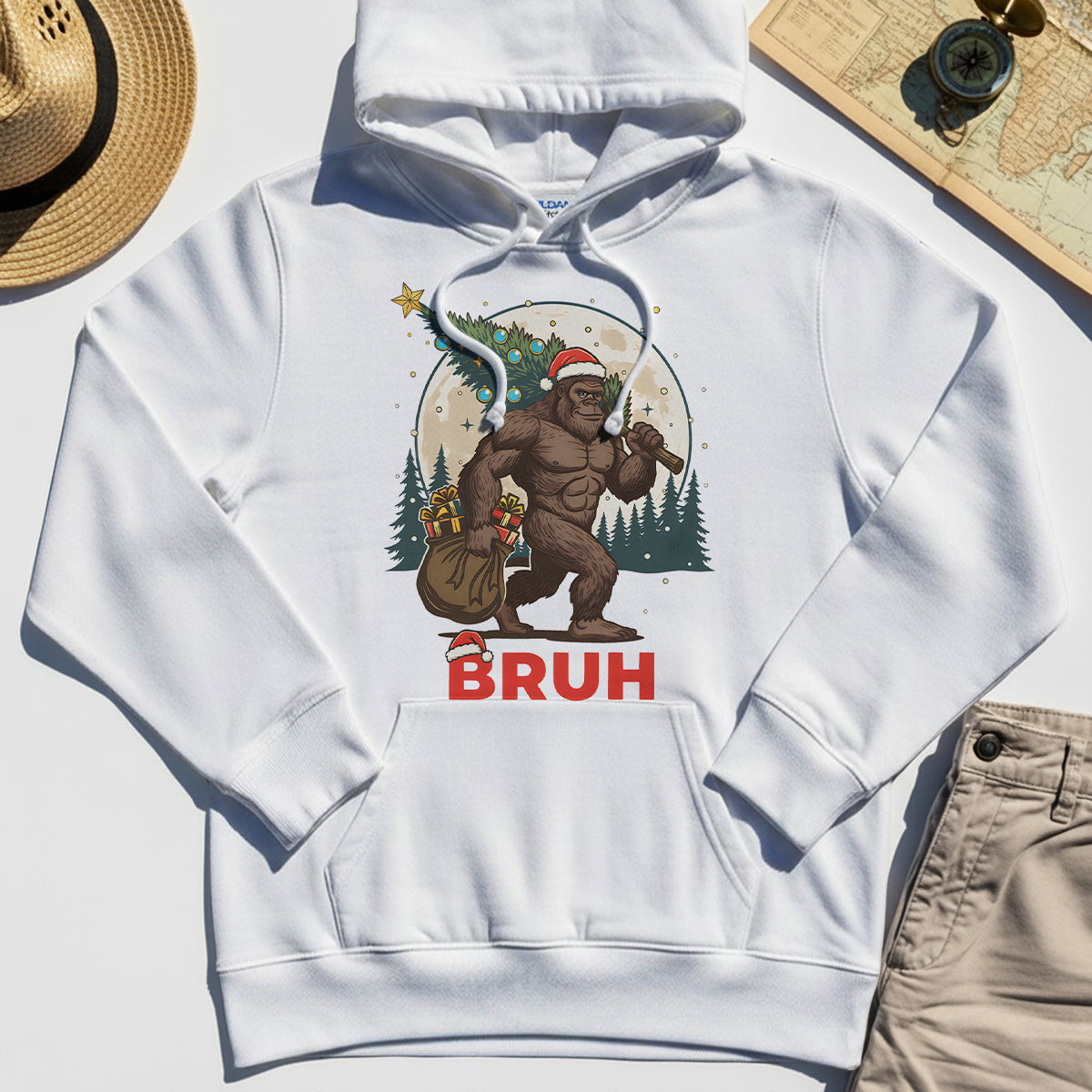 Bigfoot Christmas "BRUH" Hoodie, Retro Santa Hat Sasquatch Carrying Christmas Tree Hoodie 8