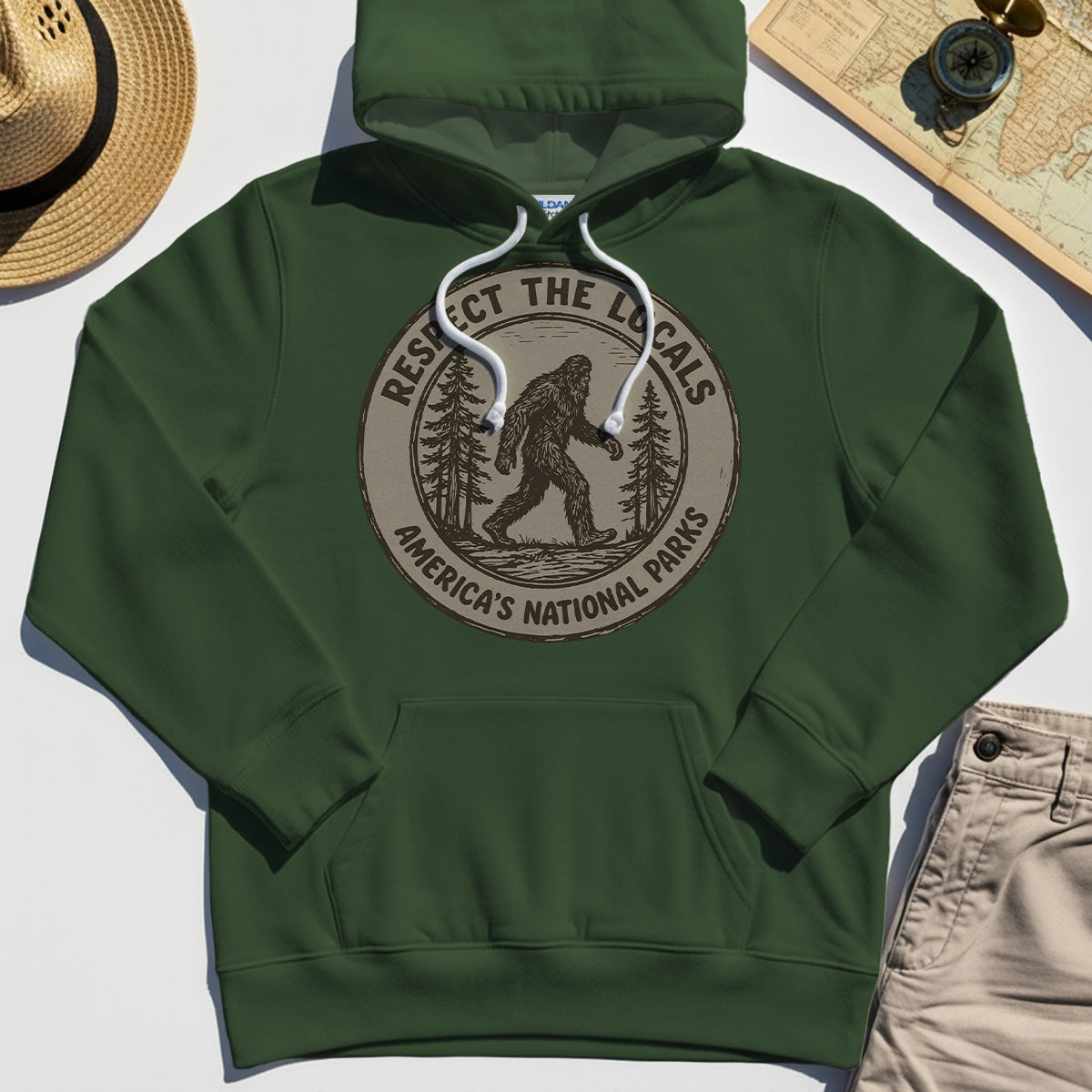 Retro Respect the Locals Bigfoot Hoodie, Funny Sasquatch National Park Camping Hoodie 4