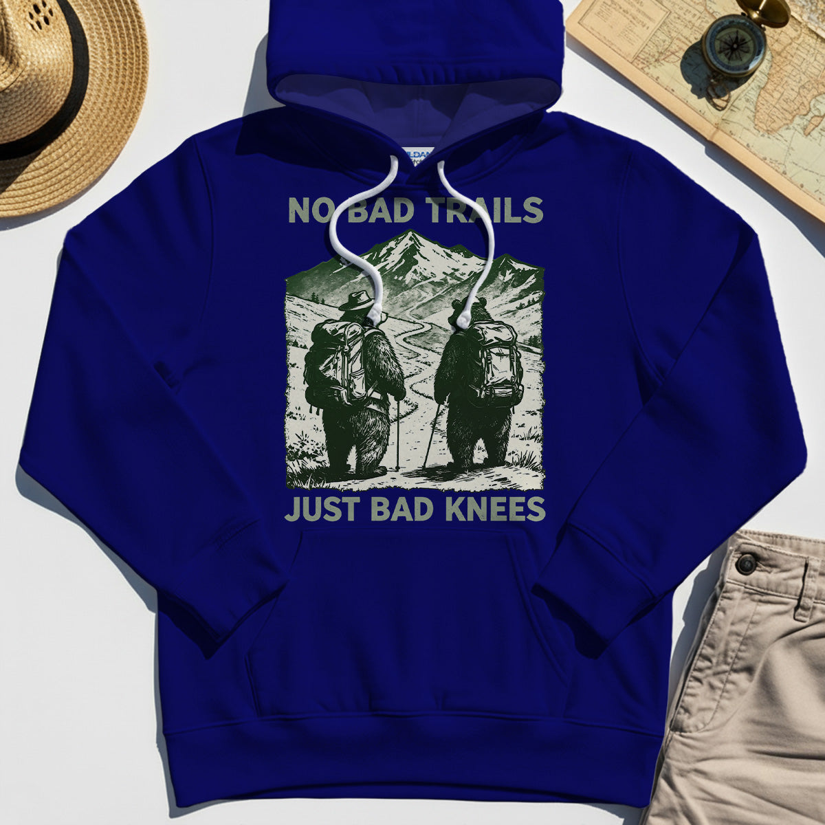 No Bad Trails Just Bad Knees Hoodie, Vintage Bear Backpacking Hoodie For Campers and Outdoor Enthusiasts 4