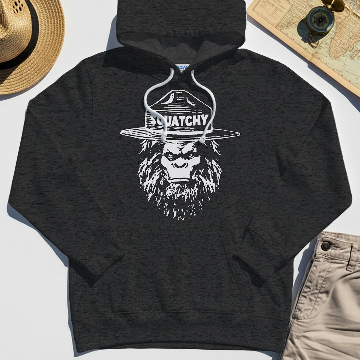 Sasquatch "SQUATCHY" Funny Bigfoot Hoodie, Retro Line Art Bigfoot Face Hoodies For Camping Lovers 3