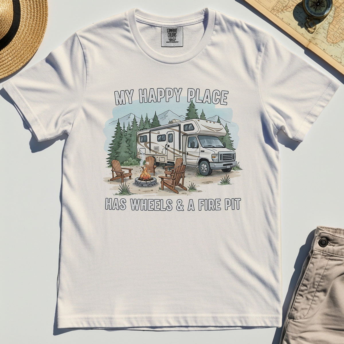 My Happy Place Has Wheels & A Fire Pit Comfort Color Tee 7